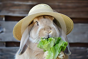 rabbit in a straw hat nibbling lettuce