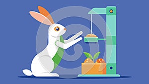 A rabbit stretches up to reach the food dispensed by its automated feeder providing both a nutritious meal and enriching