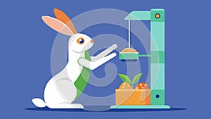 A rabbit stretches up to reach the food dispensed by its automated feeder providing both a nutritious meal and enriching photo