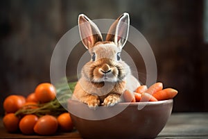 A rabbit in the sun is eating carrots from a bowl. Cute fluffy pet with vegetables