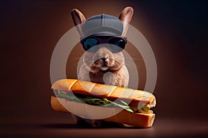 rabbit in sunglasses holding hot dog, fast delivery concept.