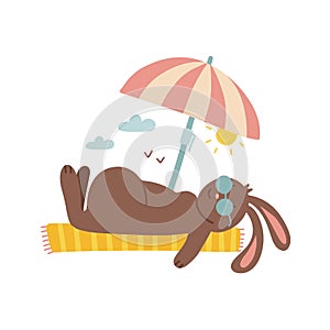 Rabbit in sunglasses sunbathing under a sun umbrellla. Cute hand drawn flat vector animal character isolated on white