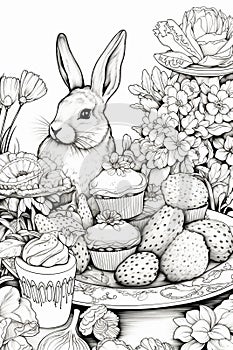 a rabbit is surrounded by cupcakes and a cupcake.