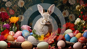 a rabbit surrounded by Easter eggs and blooming flowers, set against spectacular backdrops that evoke pastoral charm. photo
