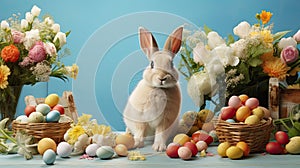 a rabbit surrounded by Easter eggs and blooming flowers, set against spectacular backdrops that evoke pastoral charm. photo