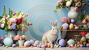 a rabbit surrounded by Easter eggs and blooming flowers, set against spectacular backdrops that evoke pastoral charm. photo