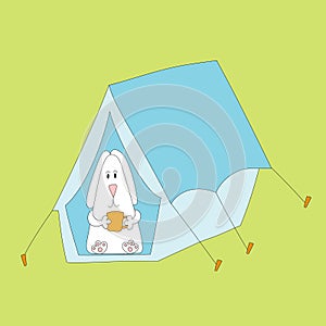 Rabbit symbol of 2023. Rabbit in a tent. Hiking, campaign, trip. Calendar template.