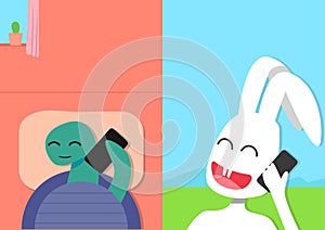 Rabbit talk with Tortoise by smart phone, vector