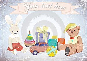 Rabbit, Teddy bear, gifts, on grunge background with space for text. illustration