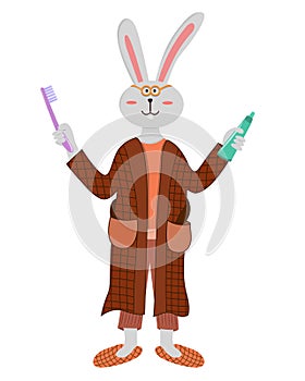 Rabbit with toothbrush and toothpaste. Cartoon character of bunny. Vector clip-art illustration on a white background