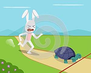 Rabbit and tortoise go to finish line, vector photo