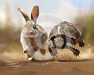 Rabbit and turtle in a race with the turtle surprisingly outpacing the quick rabbit