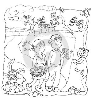 Rabbit upward a kids rock with mushrooms in the forest landscape chine coloring humorous children for books