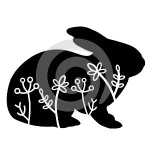 Rabbit. Vector animal with floral element. Illustration. Animal silhouette. Black isolated silhouette