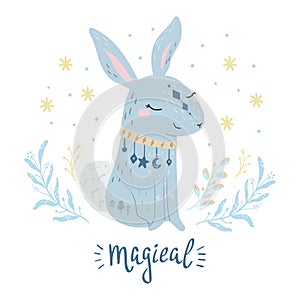 Rabbit vector illustration for kids. Bohemian illustrations with animals, stars, magic and runes. Cute animal in the