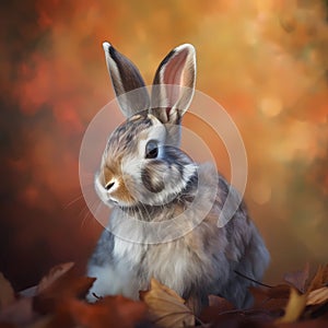 Rabbit in a warm autumn landscape with colorful falling leaves