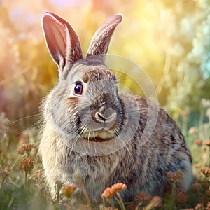 Rabbit in a warm and sunny spring meadow landscape with colorful wild flowers