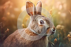 Rabbit in a warm and sunny spring meadow landscape with colorful wild flowers