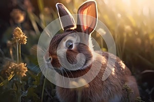 Rabbit in a warm and sunny spring meadow landscape with colorful wild flowers