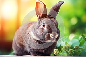 Rabbit in a warm and sunny summer meadow landscape with colorful flowers