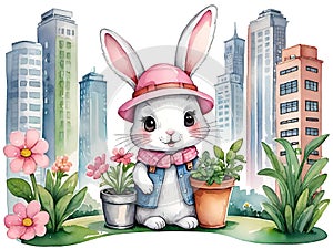 rabbit wearing a hat gardening in the city with tall buildings, caring for the environment