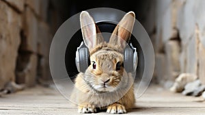 A rabbit wearing headphones sitting on the ground. Generative AI image.