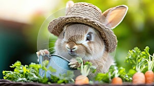 A rabbit wearing a straw hat holding a cup of water, AI