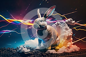 A rabbit wearing a VR suit that floats even in abstract. Generative AI