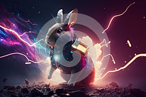 A rabbit wearing a VR suit that floats even in abstract. Generative AI