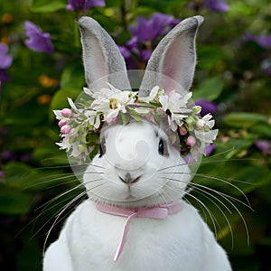 Rabbit wears flower wreath exuding charm and loveliness photo