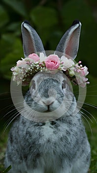 Rabbit wears flower wreath exuding charm and loveliness photo