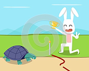 Rabbit wins the turtle in the race, vector design