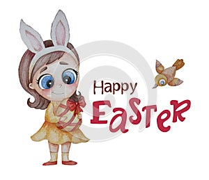 Rabbit woman. Cute little girl - Easter bunny with bunny ears on her head. She is holding a large Easter egg. Horizontal poster