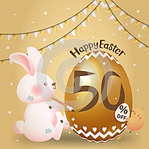 Rabbit writes 50% OFF on golden eggs on golden background for Easter sale campaign