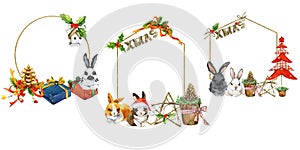 Rabbit Year. Bunny rabbits with New Year decorative elements. watercolor illustration isolated on white.