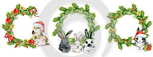 Rabbit Year. Bunny rabbits with New Year decorative elements. watercolor illustration isolated on white.