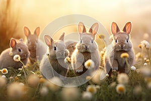 Rabbits. Art design of cute little Easter bunnies in the meadow