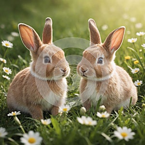 Rabbits. Art Design of Cute Little Easter Bunnies in the Meadow