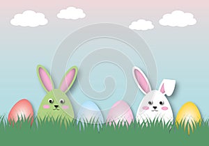 Rabbits in colourful egg with clouds. Holiday illustration for greeting card of Happy Easterâ€™s Day.