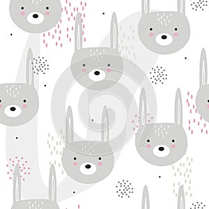 Rabbits, decorative cute background. Colorful seamless pattern with muzzles of animals photo