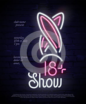 Rabbits ears neon sign vector poster on blue brick background