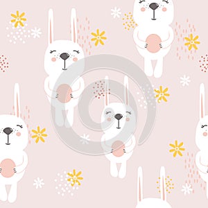 Rabbits with flowers, decorative cute background. Colorful seamless pattern with animals