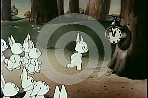 Rabbits in forest waiting for clock to strike one