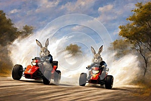 Rabbits on go-karts created with Generative AI photo