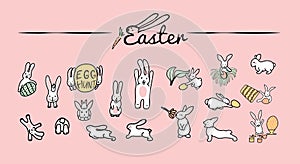 Rabbits hide eggs. Set of cute Happy Easter cartoon characters. Bunnies, Easter eggs, flowers, leaves, bucket