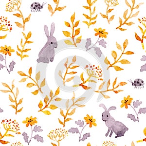 Rabbits, ladybugs, autumn forest. Seamless cute ditsy pattern. Watercolor