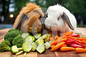 rabbits munching on vegetables together