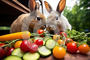 rabbits munching on vegetables together