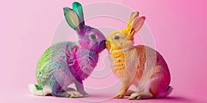 rabbits painted in the colors of the LGBT flag kiss each other created with Generative AI technology