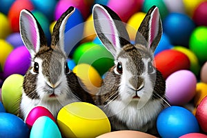 Rabbits among plenty of Easter eggs of different colors